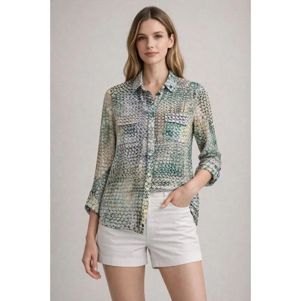 Vintage Nicola Abstract Print Blouse Medium Sheer Button Up Top